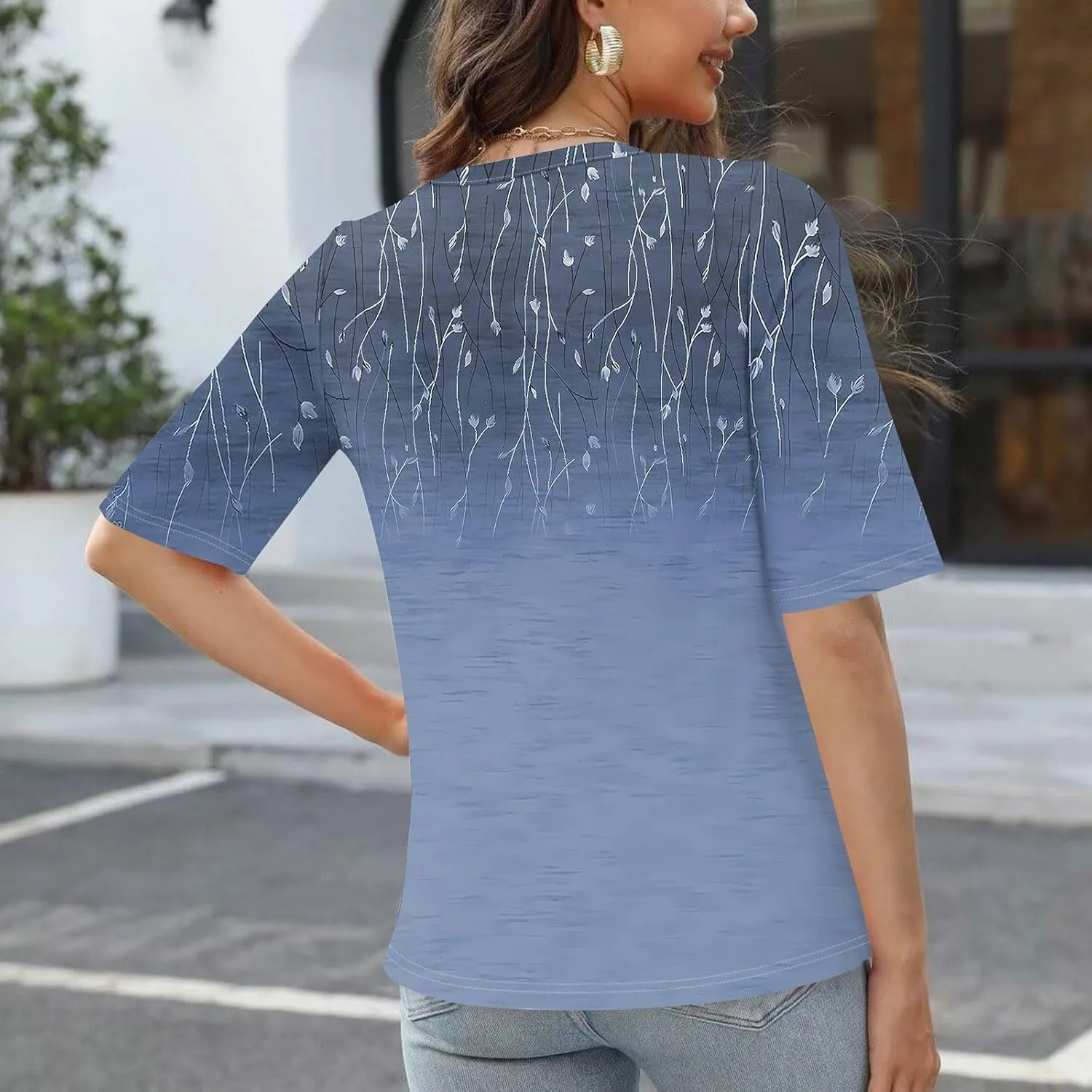 Womens 2024 Summer Half Sleeve Tops Casual V Neck Summer Shirts Loose Fit Elbow Length Sleeve Blouses