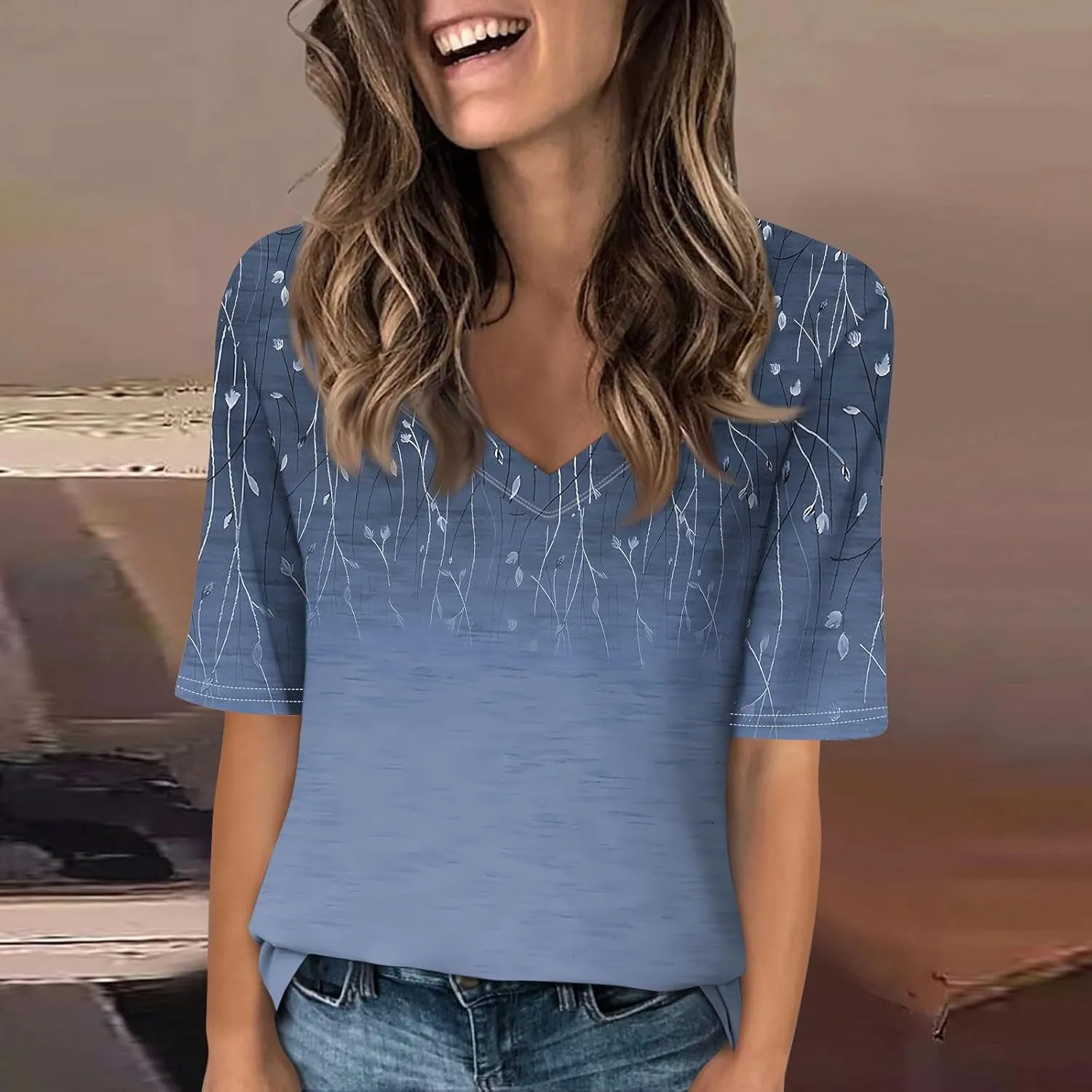 Womens 2024 Summer Half Sleeve Tops Casual V Neck Summer Shirts Loose Fit Elbow Length Sleeve Blouses