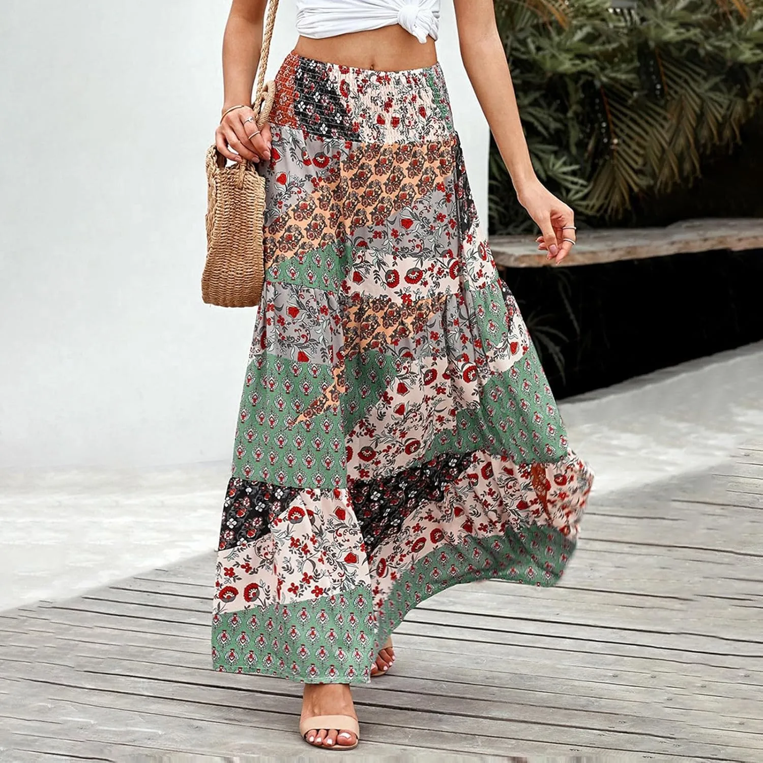 Women's 2025 Boho Long Skirts Print High Waist A Line Maxi Skirts Summer Casual Printed Pleated Ruffle Flowy Skirt