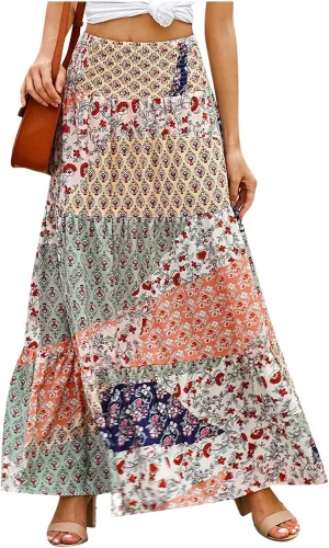 Women's 2025 Boho Long Skirts Print High Waist A Line Maxi Skirts Summer Casual Printed Pleated Ruffle Flowy Skirt