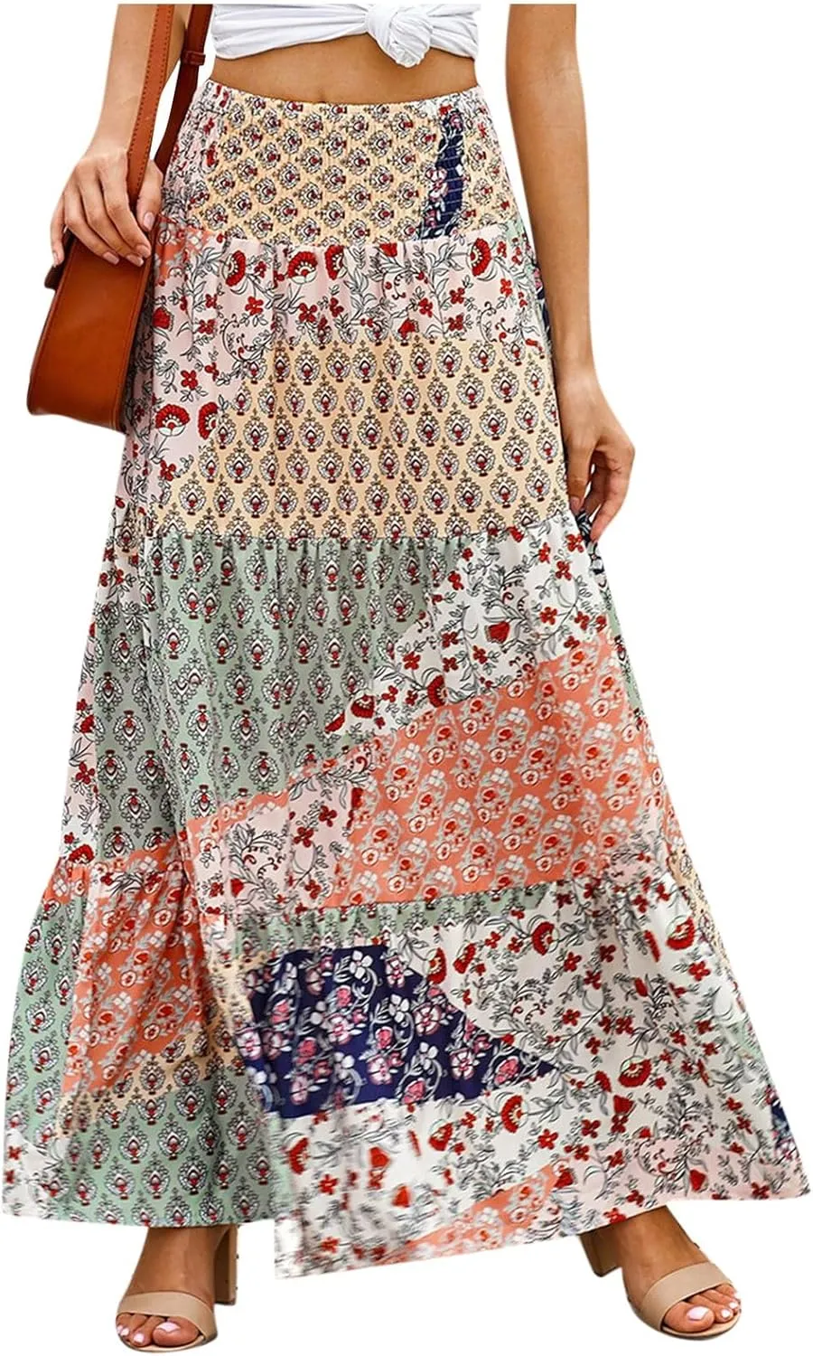 Women's 2025 Boho Long Skirts Print High Waist A Line Maxi Skirts Summer Casual Printed Pleated Ruffle Flowy Skirt