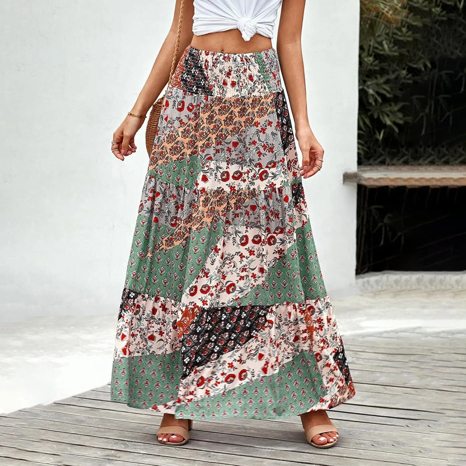 Women's 2025 Boho Long Skirts Print High Waist A Line Maxi Skirts Summer Casual Printed Pleated Ruffle Flowy Skirt