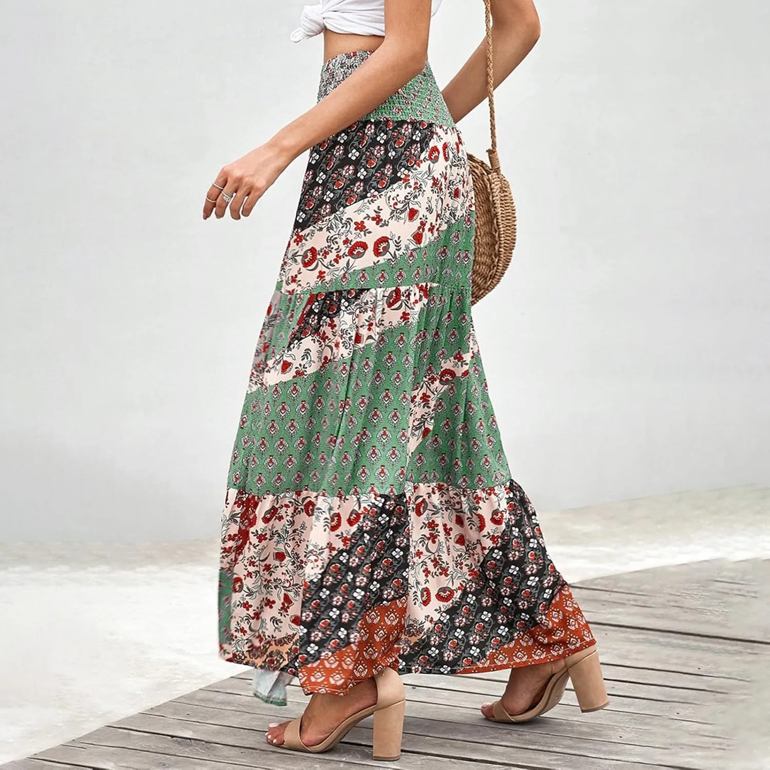 Women's 2025 Boho Long Skirts Print High Waist A Line Maxi Skirts Summer Casual Printed Pleated Ruffle Flowy Skirt