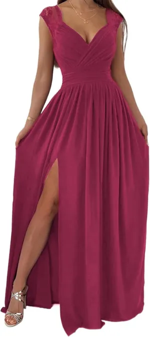 Womens 2025 Formal Dresses Wrap V-Neck Ruched Sexy Bridesmaid Wedding Guest Maxi Dresses