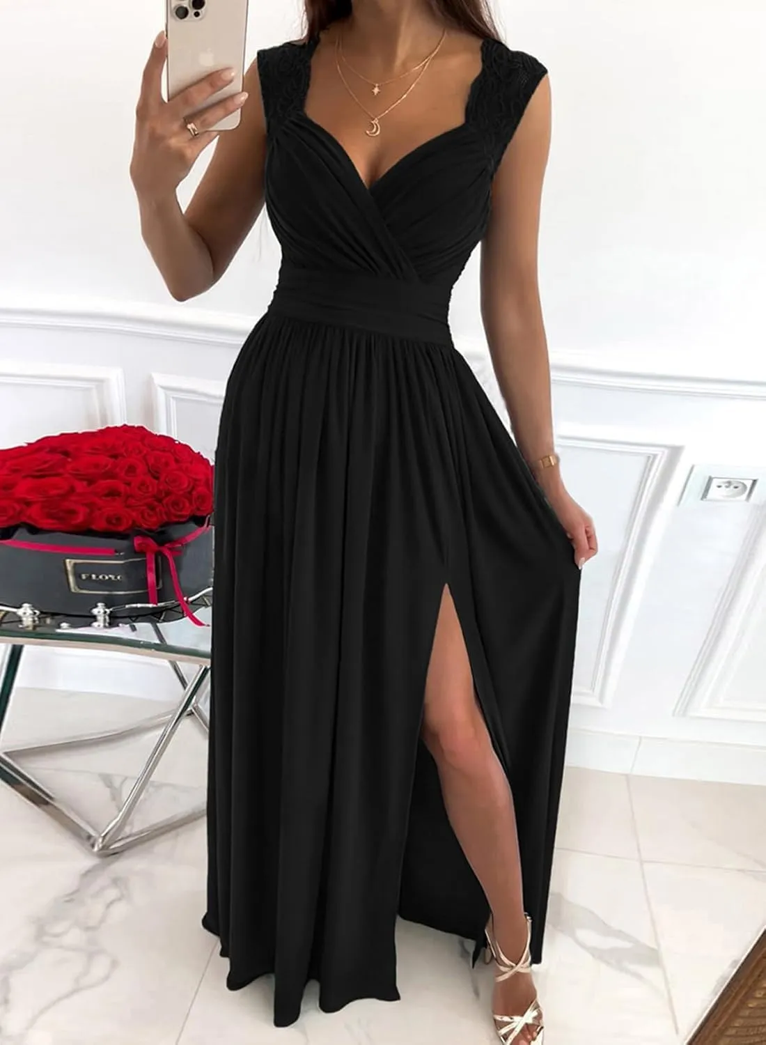 Womens 2025 Formal Dresses Wrap V-Neck Ruched Sexy Bridesmaid Wedding Guest Maxi Dresses