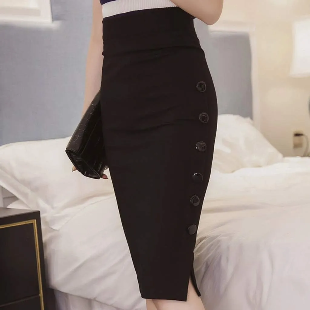 Womens 2025 High Waisted Pencil Skirt Side Button Slit Work Office Skirts Knee Length Plus Size Business Bodycon