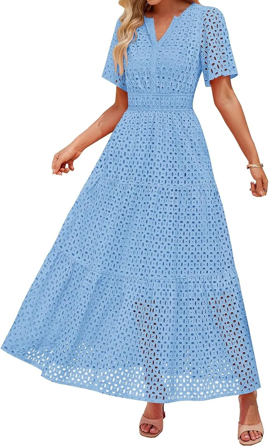 Women's 2025 Summer V Neck Hollow Out Casual Eyelet Ruffle Swing A Line Dress Short Sleeve Boho Long Maxi Dresses