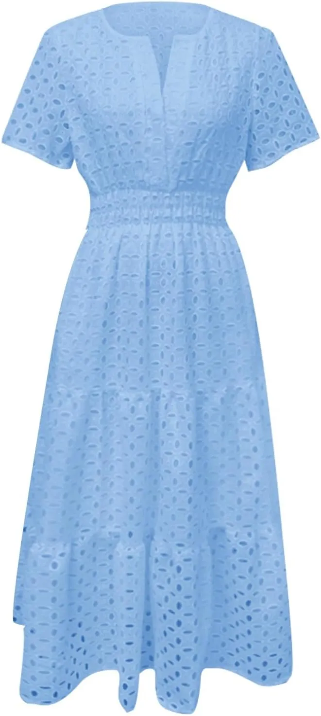 Women's 2025 Summer V Neck Hollow Out Casual Eyelet Ruffle Swing A Line Dress Short Sleeve Boho Long Maxi Dresses
