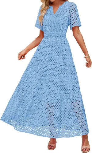 Women's 2025 Summer V Neck Hollow Out Casual Eyelet Ruffle Swing A Line Dress Short Sleeve Boho Long Maxi Dresses