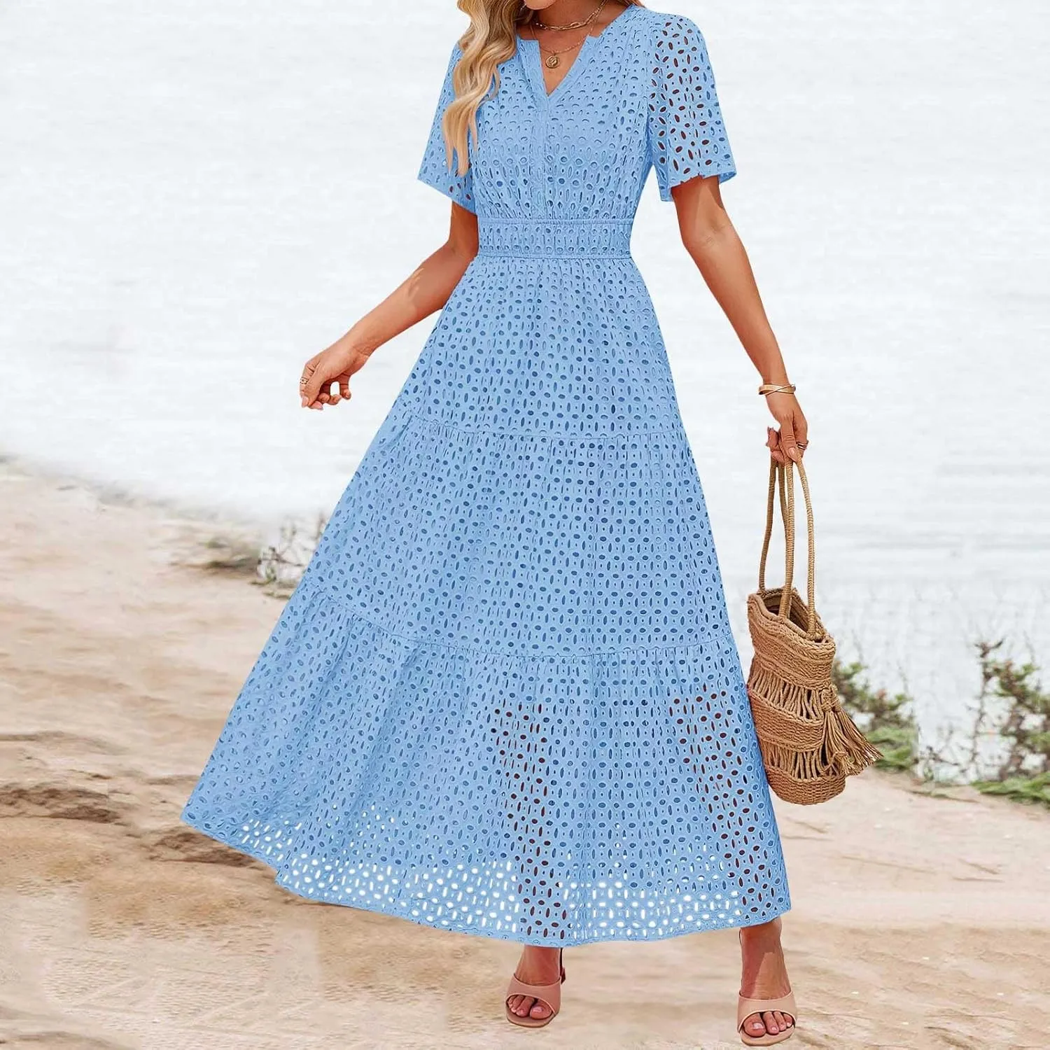 Women's 2025 Summer V Neck Hollow Out Casual Eyelet Ruffle Swing A Line Dress Short Sleeve Boho Long Maxi Dresses