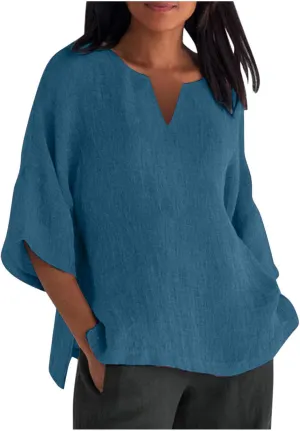 Women's 3/4 Sleeve Cotton Linen Top Summer Solid Color Notched Neck T-Shirt Vintage Shirts Casual Loose Comfy Blouse