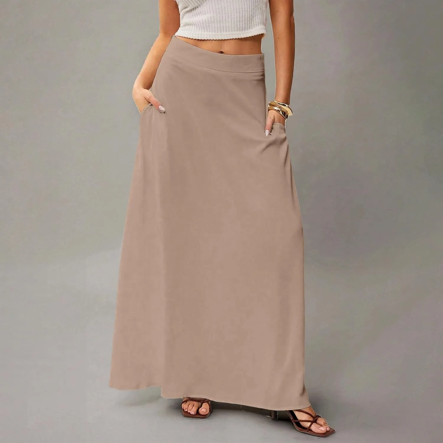 Womens Ankle Length Skirt High Waist Long Skirts Trendy Solid Gradient Color Summer Boho Maxi Skirts with Pockets