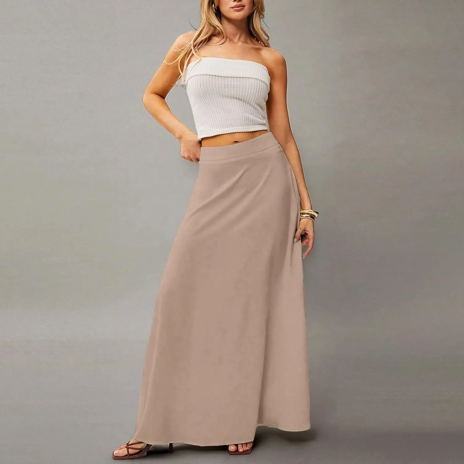 Womens Ankle Length Skirt High Waist Long Skirts Trendy Solid Gradient Color Summer Boho Maxi Skirts with Pockets