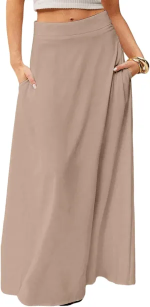 Womens Ankle Length Skirt High Waist Long Skirts Trendy Solid Gradient Color Summer Boho Maxi Skirts with Pockets