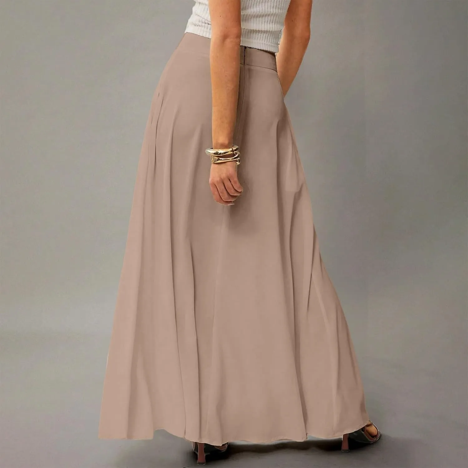 Womens Ankle Length Skirt High Waist Long Skirts Trendy Solid Gradient Color Summer Boho Maxi Skirts with Pockets