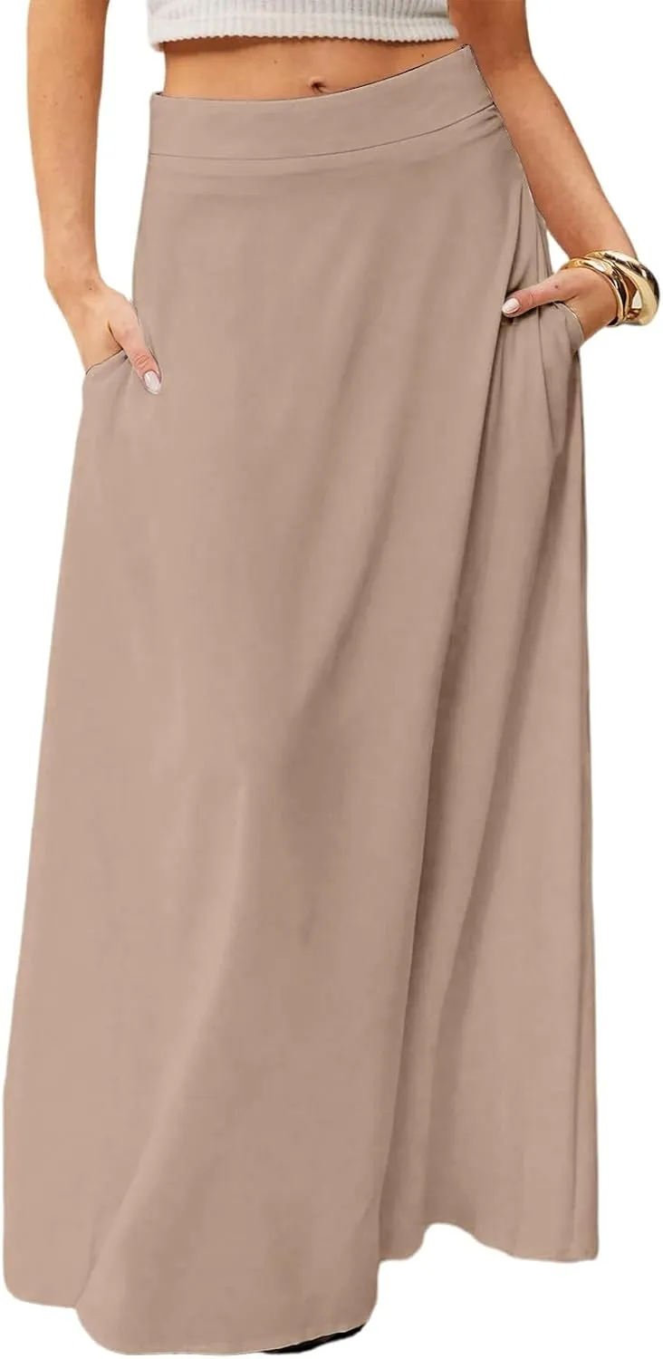 Womens Ankle Length Skirt High Waist Long Skirts Trendy Solid Gradient Color Summer Boho Maxi Skirts with Pockets