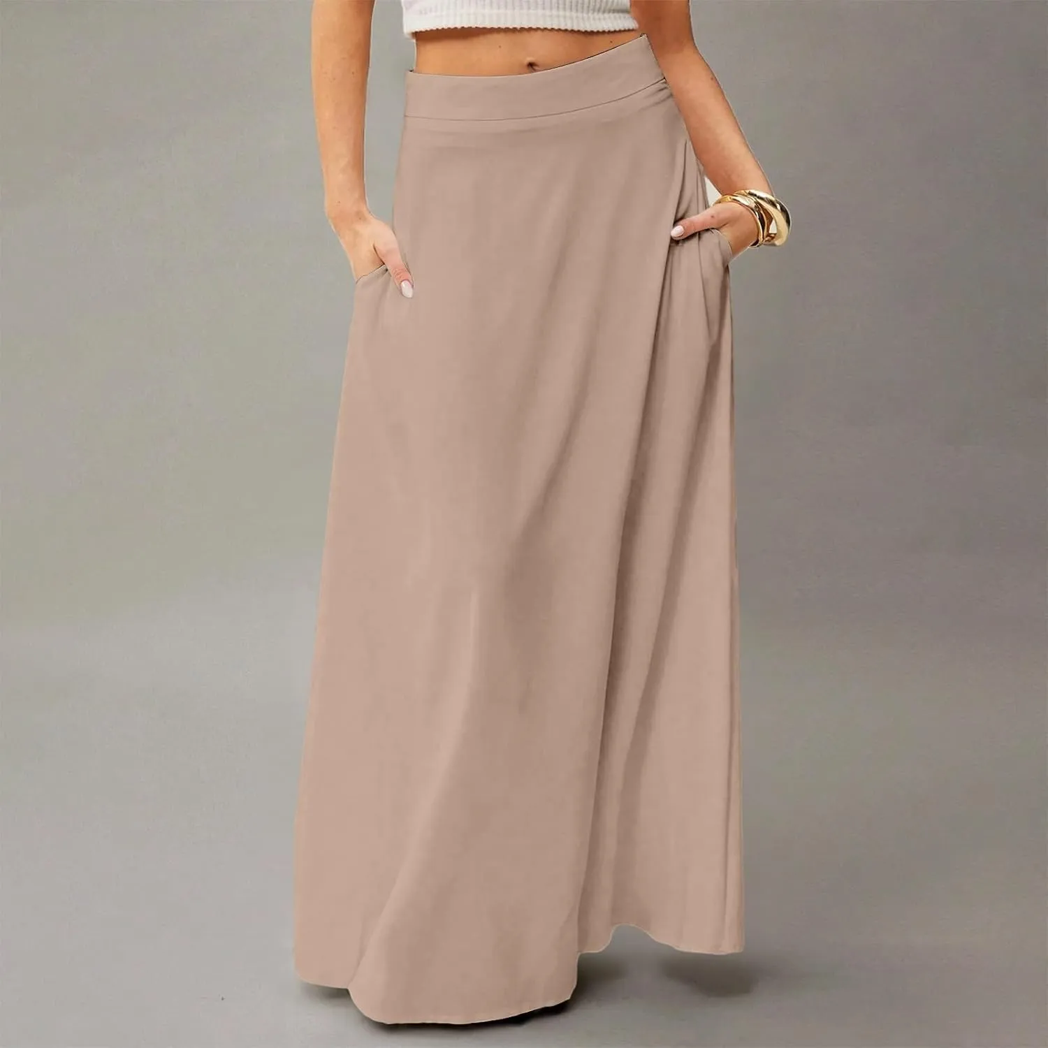 Womens Ankle Length Skirt High Waist Long Skirts Trendy Solid Gradient Color Summer Boho Maxi Skirts with Pockets