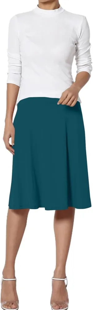 Womens Basic Midi Skirt Versatile Stretchy Flared Summer Casual High Waisted Skirt Pleated A-Line Skirts