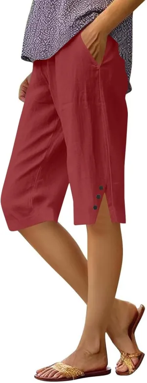 Womens Bermuda Shorts Cotton Linen Knee Length Elastic Waist Drawstring Capris Casual Beach Shorts with Pockets