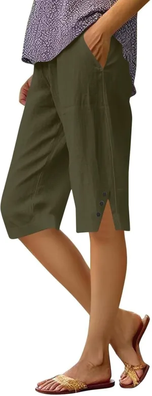 Womens Bermuda Shorts Cotton Linen Knee Length Elastic Waist Drawstring Capris Casual Beach Shorts with Pockets