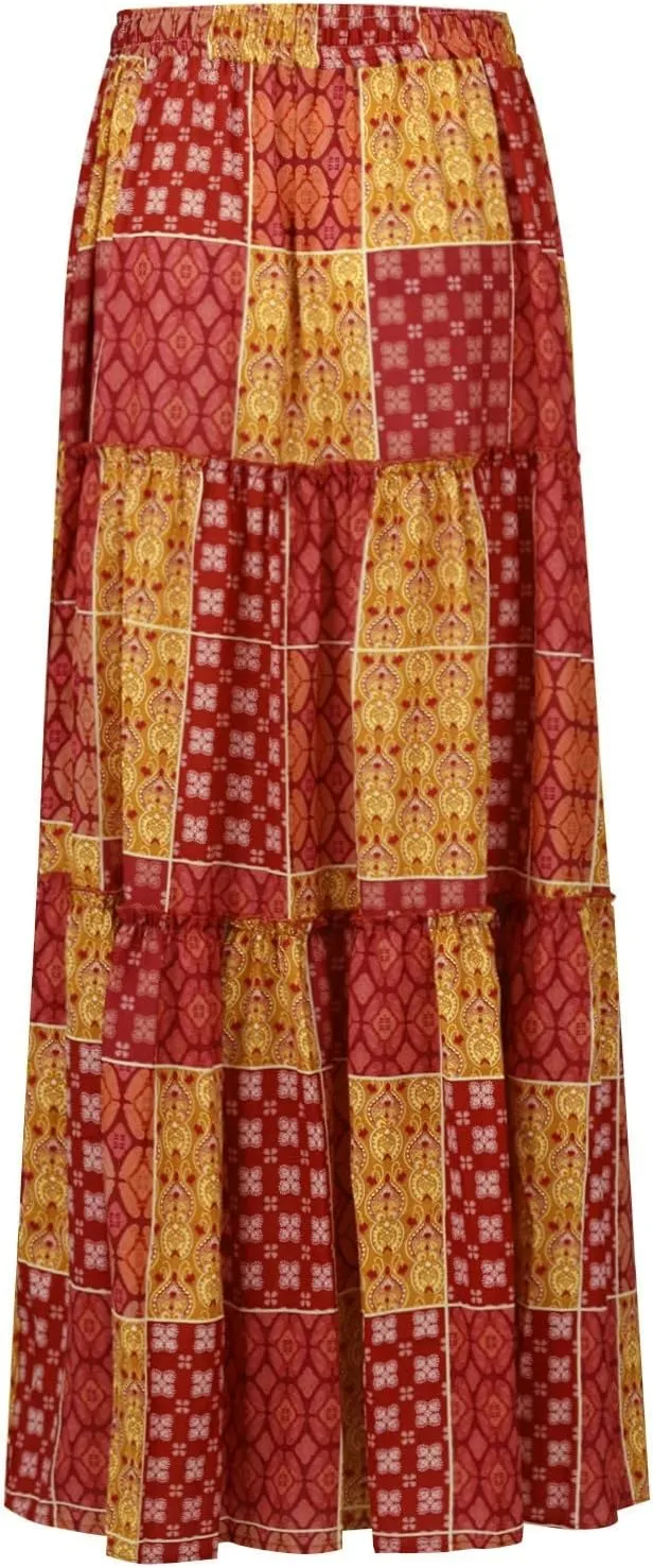 Women's Boho Casual Skirts Summer 2025 Elastic High Waist Flowy Tiered A-Line Beach Midi Skirt Trendy Floral Long Skirts