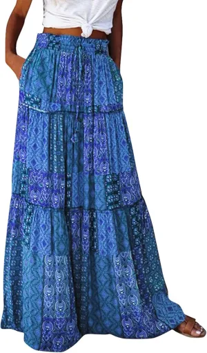 Women's Boho Casual Skirts Summer 2025 Elastic High Waist Flowy Tiered A-Line Beach Midi Skirt Trendy Floral Long Skirts