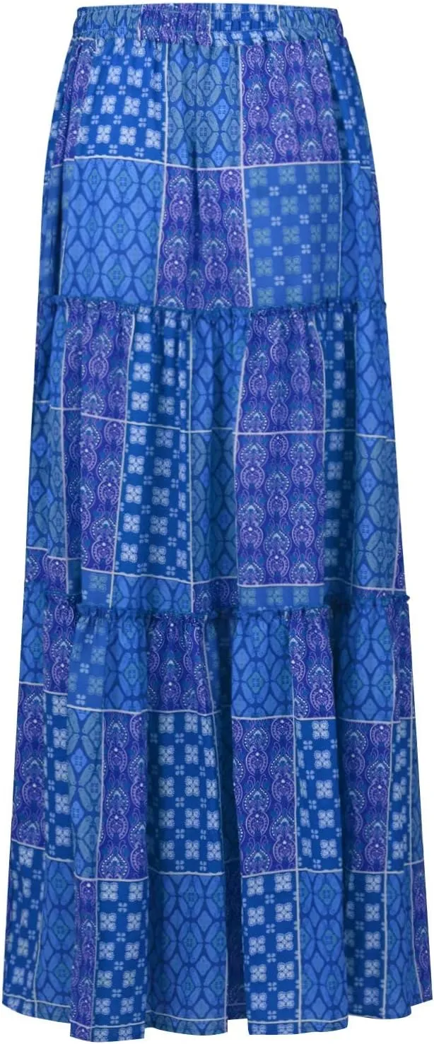 Women's Boho Casual Skirts Summer 2025 Elastic High Waist Flowy Tiered A-Line Beach Midi Skirt Trendy Floral Long Skirts