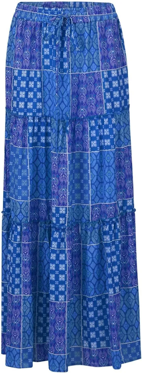 Women's Boho Casual Skirts Summer 2025 Elastic High Waist Flowy Tiered A-Line Beach Midi Skirt Trendy Floral Long Skirts