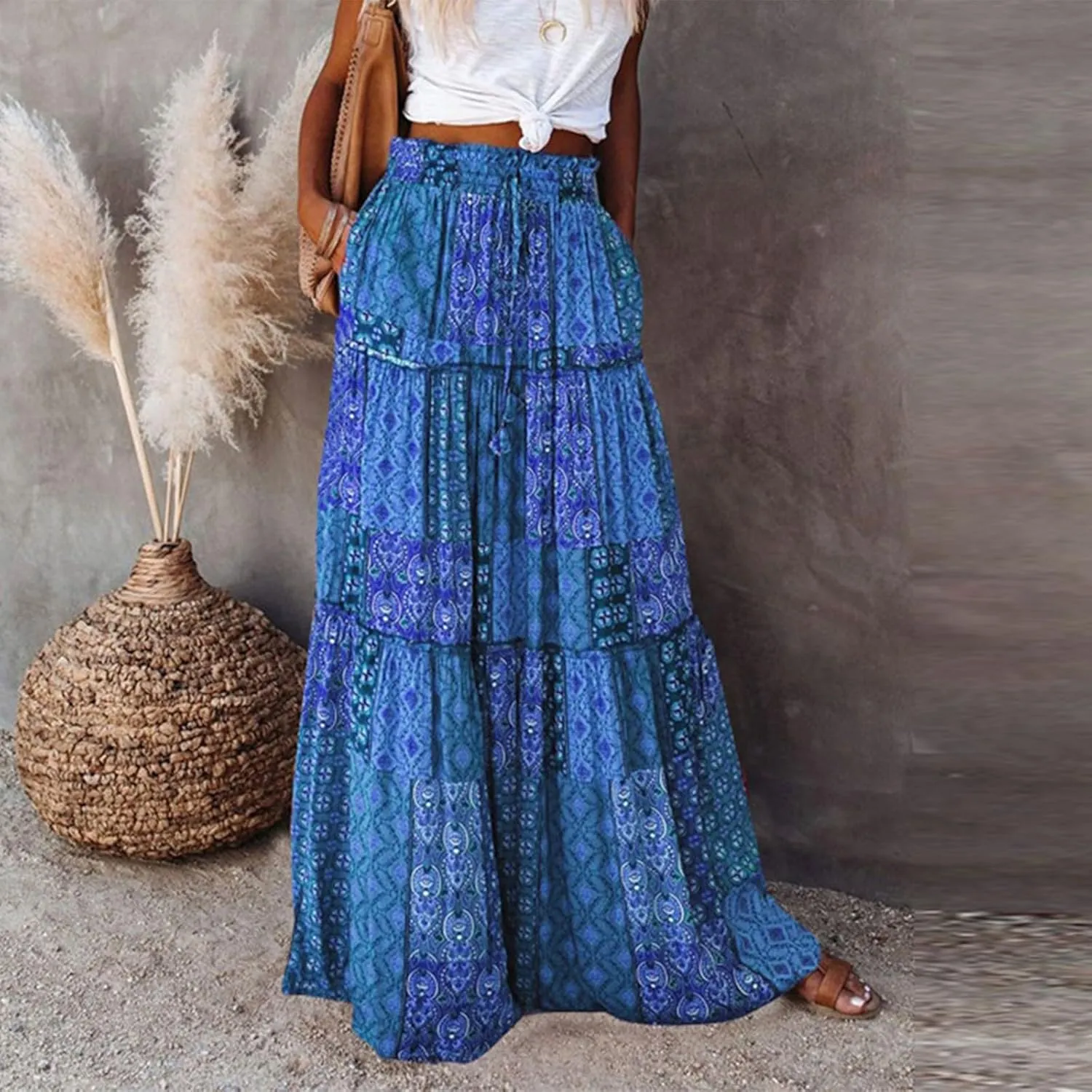 Women's Boho Casual Skirts Summer 2025 Elastic High Waist Flowy Tiered A-Line Beach Midi Skirt Trendy Floral Long Skirts