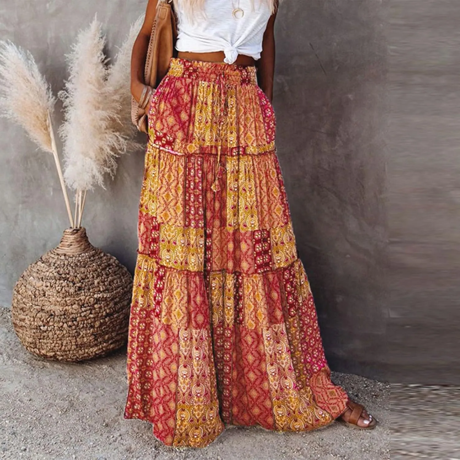Women's Boho Casual Skirts Summer 2025 Elastic High Waist Flowy Tiered A-Line Beach Midi Skirt Trendy Floral Long Skirts
