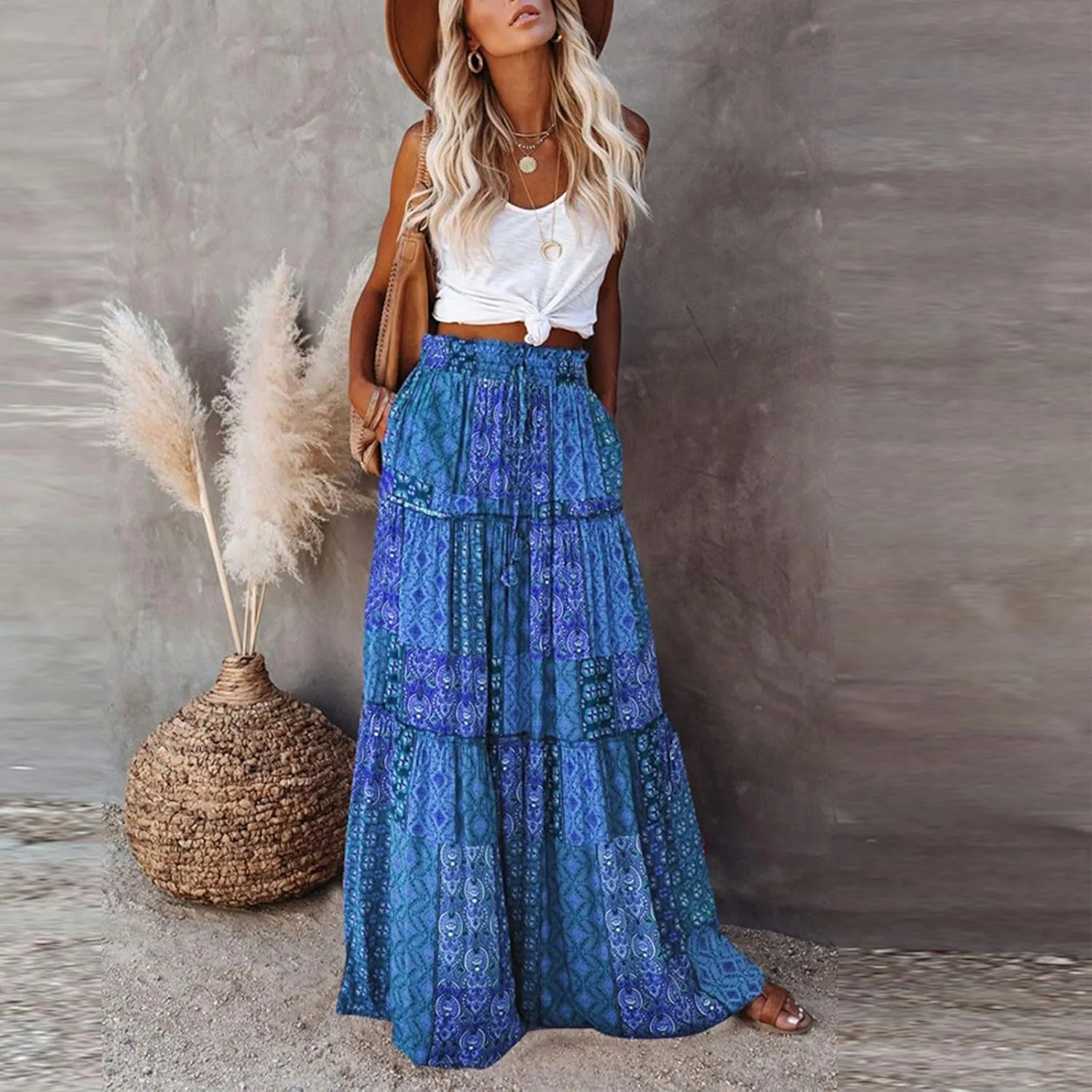 Women's Boho Casual Skirts Summer 2025 Elastic High Waist Flowy Tiered A-Line Beach Midi Skirt Trendy Floral Long Skirts