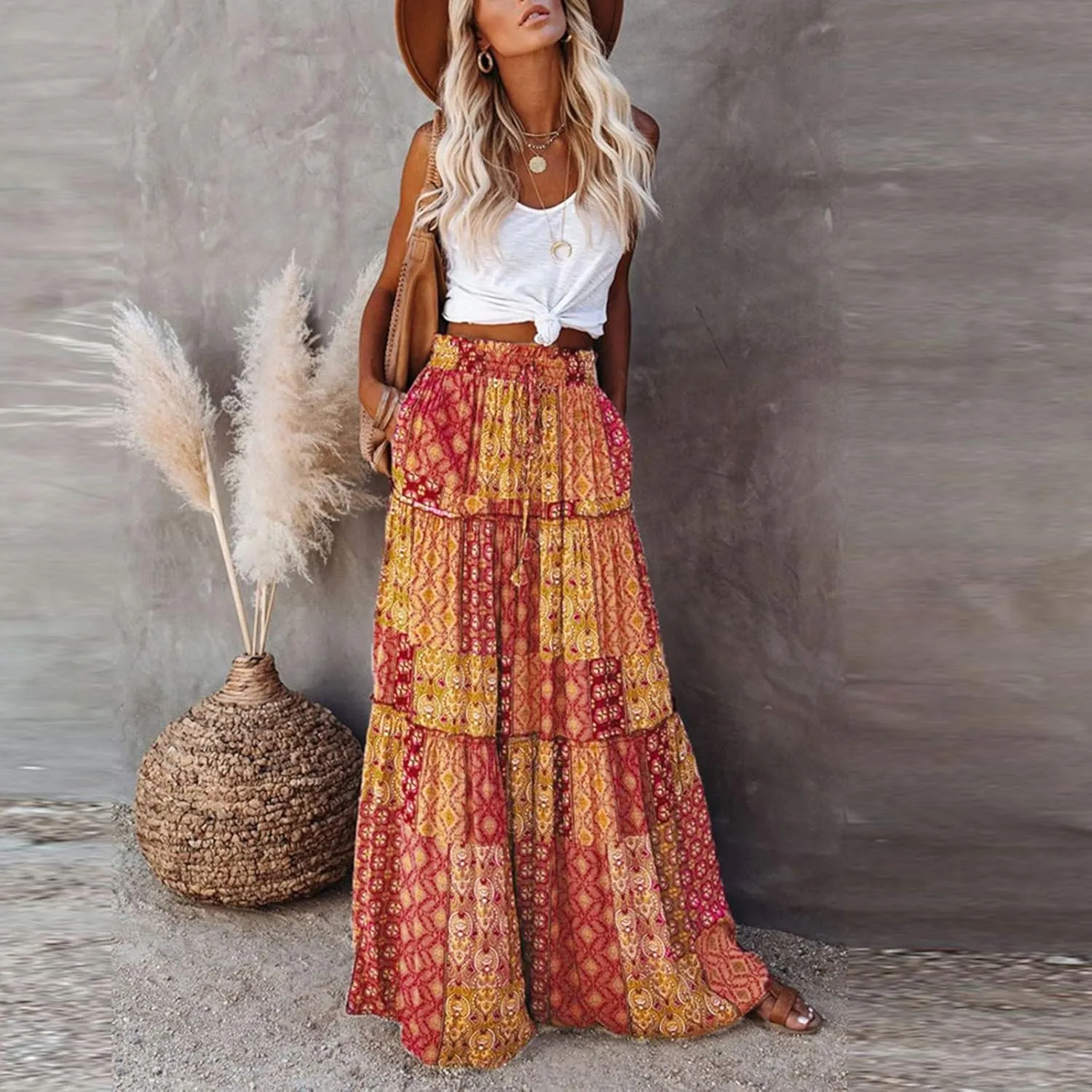 Women's Boho Casual Skirts Summer 2025 Elastic High Waist Flowy Tiered A-Line Beach Midi Skirt Trendy Floral Long Skirts
