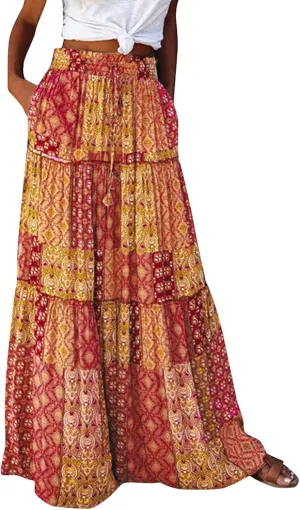Women's Boho Casual Skirts Summer 2025 Elastic High Waist Flowy Tiered A-Line Beach Midi Skirt Trendy Floral Long Skirts