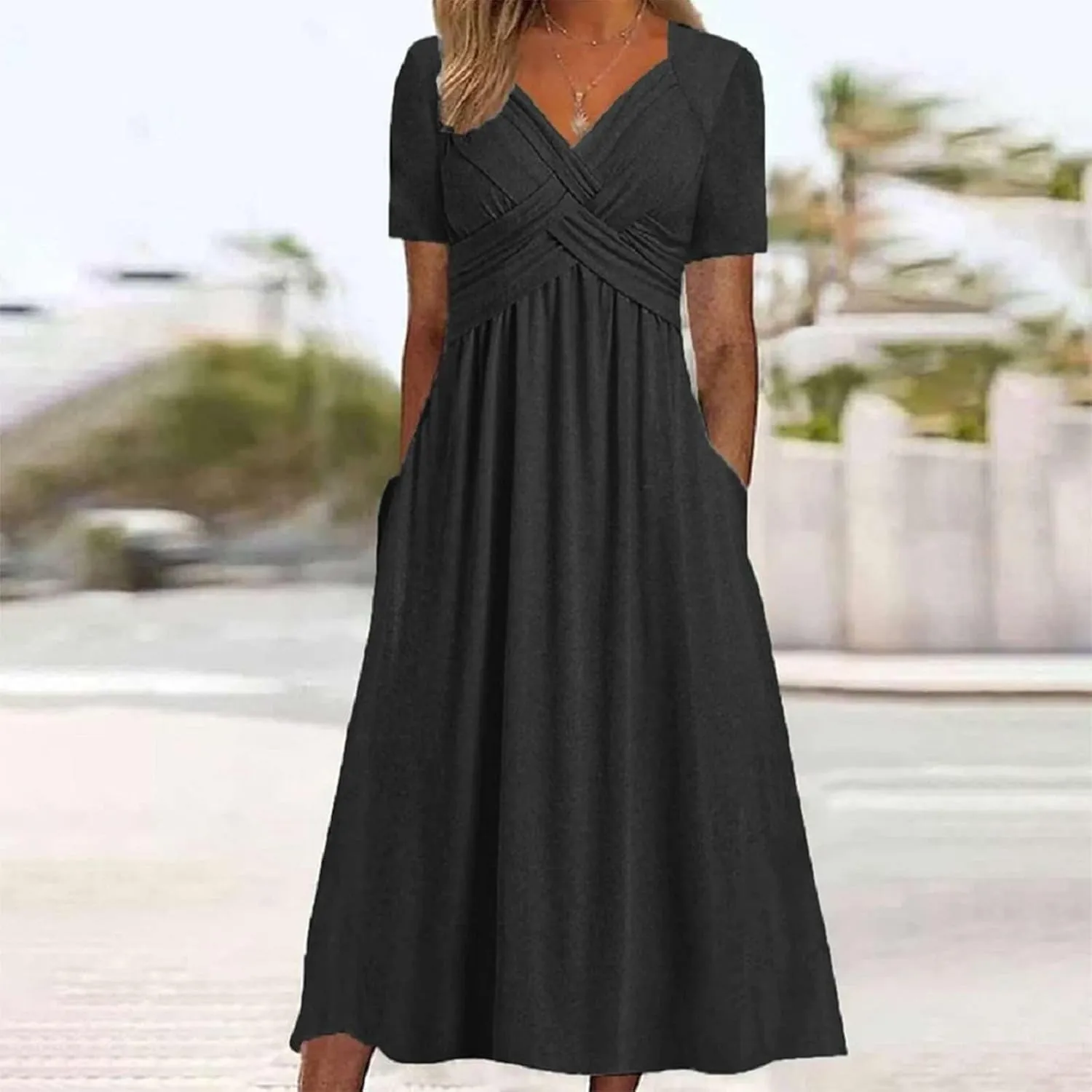 Women's Boho Floral Flowy A Line Midi Dress Casual Summer Short Sleeve Beach Vacation Dresses with Pockets