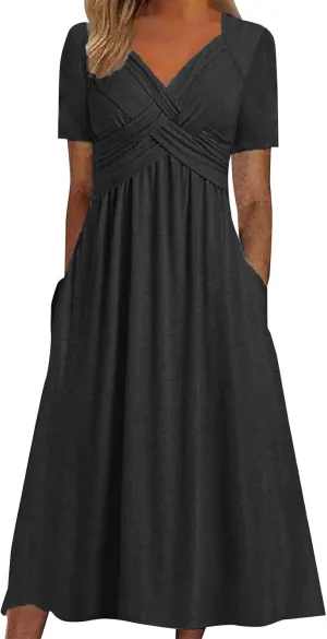 Women's Boho Floral Flowy A Line Midi Dress Casual Summer Short Sleeve Beach Vacation Dresses with Pockets