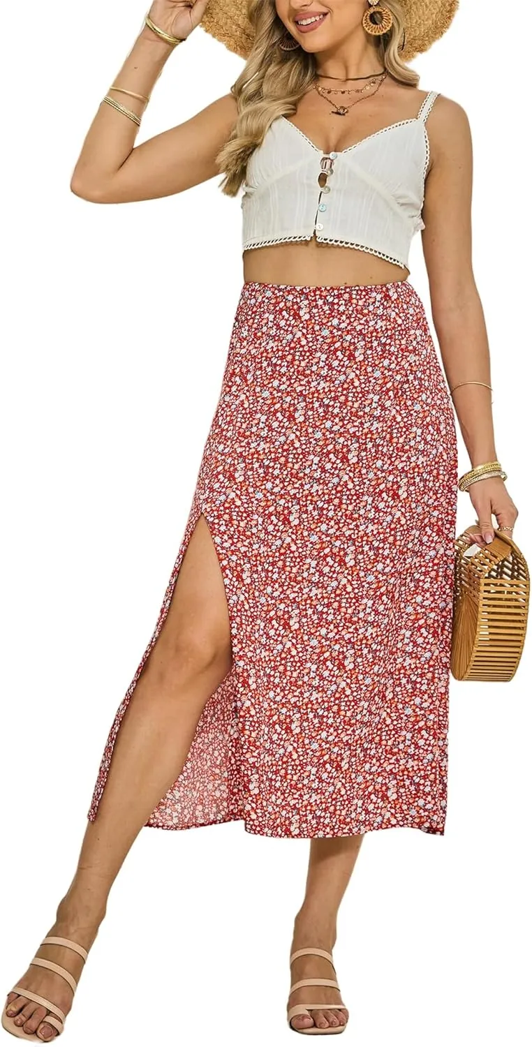 Womens Boho Floral Side Split Skirt Summer Casual High Waisted Midi Skirts 2025 Lightweight A Line Beach Skirt