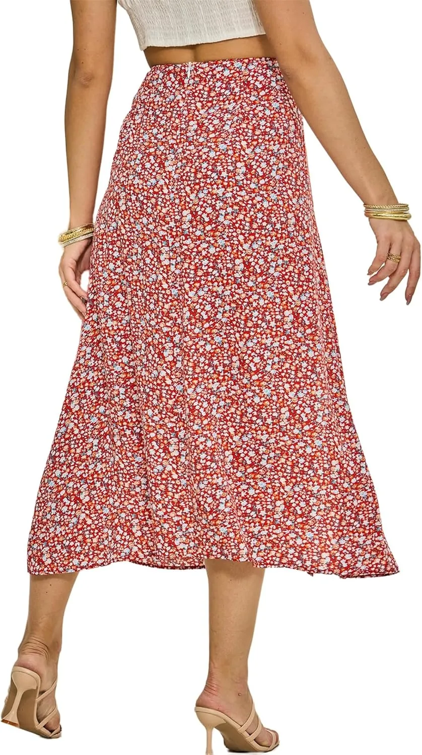 Womens Boho Floral Side Split Skirt Summer Casual High Waisted Midi Skirts 2025 Lightweight A Line Beach Skirt