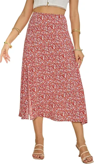 Womens Boho Floral Side Split Skirt Summer Casual High Waisted Midi Skirts 2025 Lightweight A Line Beach Skirt