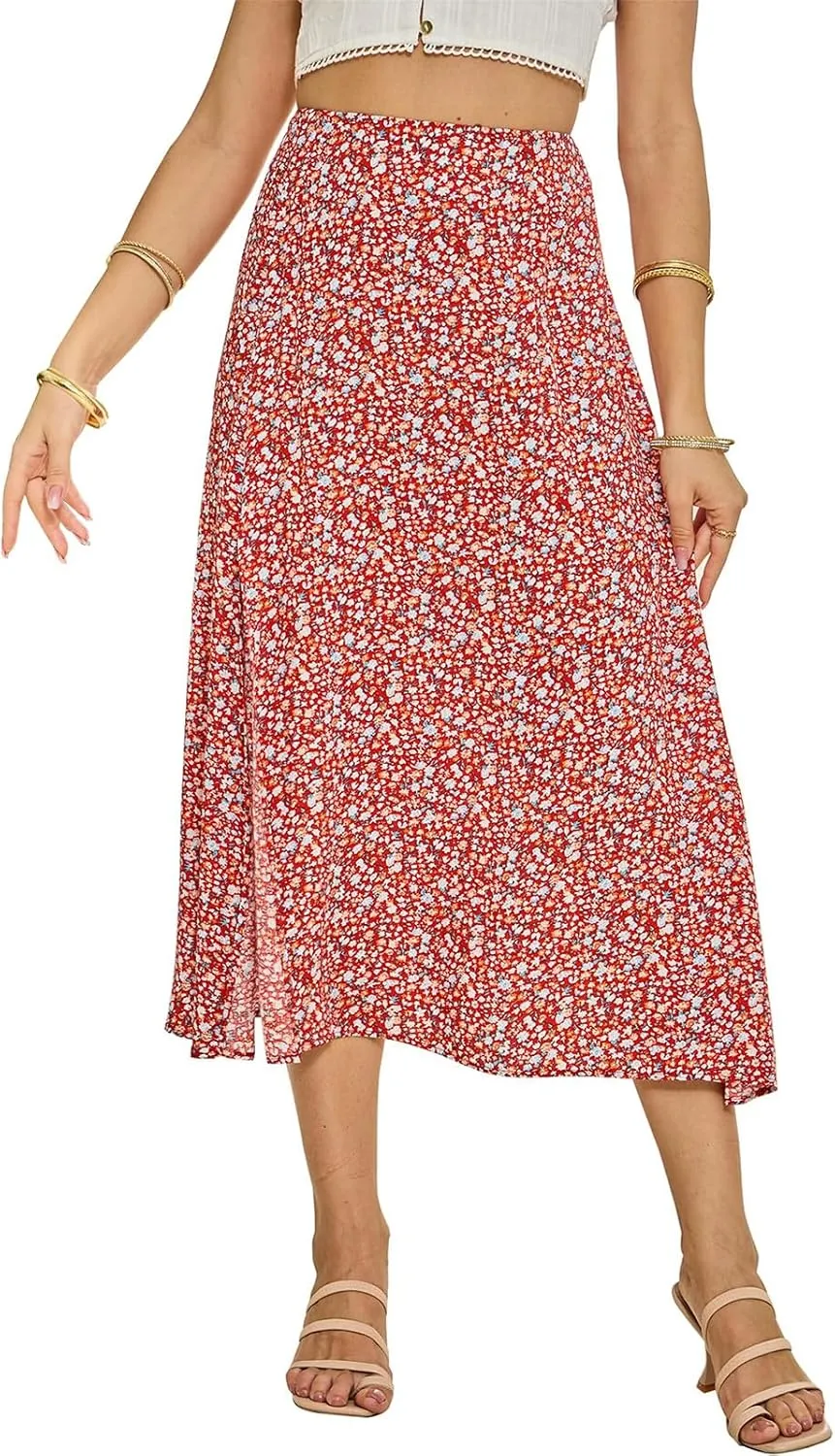 Womens Boho Floral Side Split Skirt Summer Casual High Waisted Midi Skirts 2025 Lightweight A Line Beach Skirt