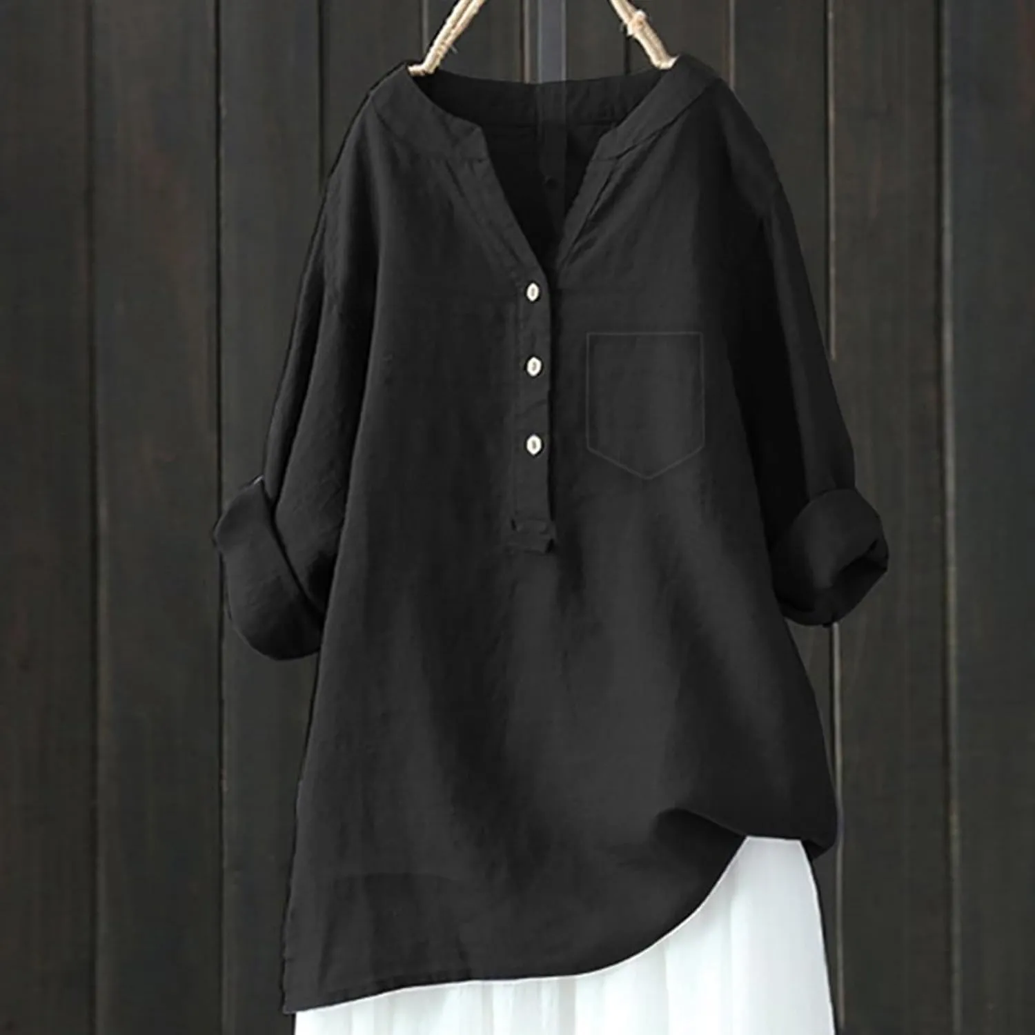 Womens Button Up Shirt V Neck Long Sleeve Linen Summer Casual Office Blouses Top Loose T-Shirt