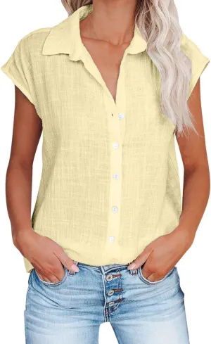 Womens Button Up Shirt V Neck Long Sleeve Linen Summer Casual Office Blouses Top Loose T-Shirt