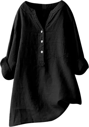 Womens Button Up Shirt V Neck Long Sleeve Linen Summer Casual Office Blouses Top Loose T-Shirt
