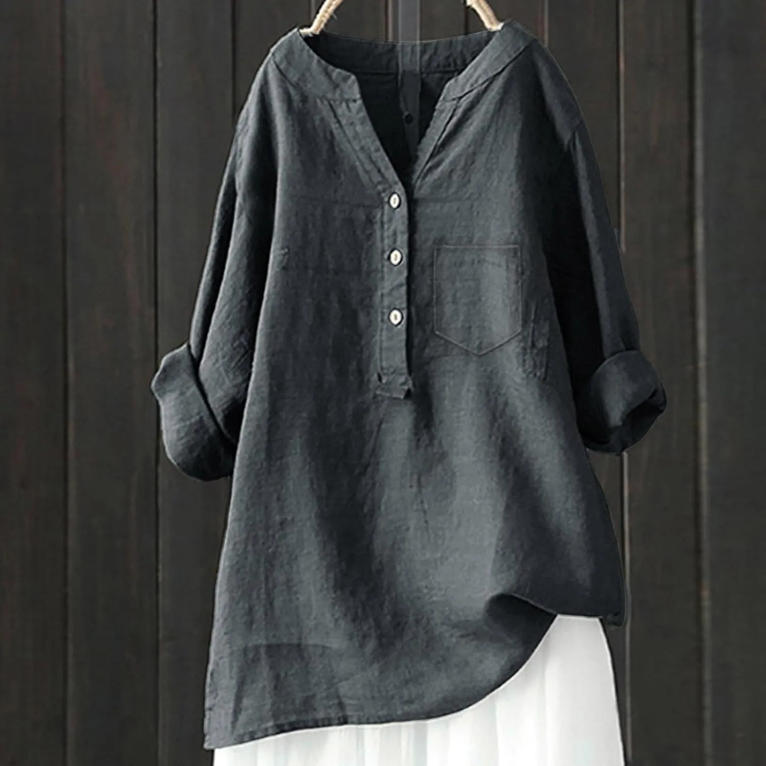 Womens Button Up Shirt V Neck Long Sleeve Linen Summer Casual Office Blouses Top Loose T-Shirt