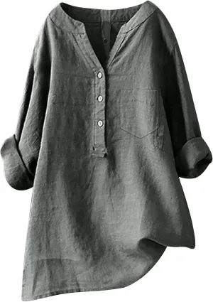 Womens Button Up Shirt V Neck Long Sleeve Linen Summer Casual Office Blouses Top Loose T-Shirt