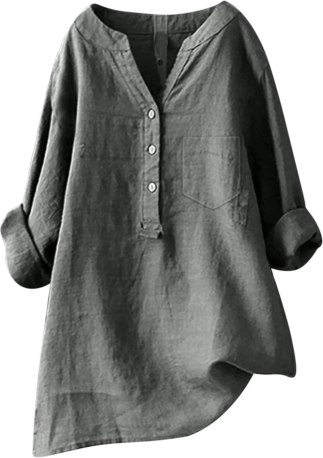 Womens Button Up Shirt V Neck Long Sleeve Linen Summer Casual Office Blouses Top Loose T-Shirt