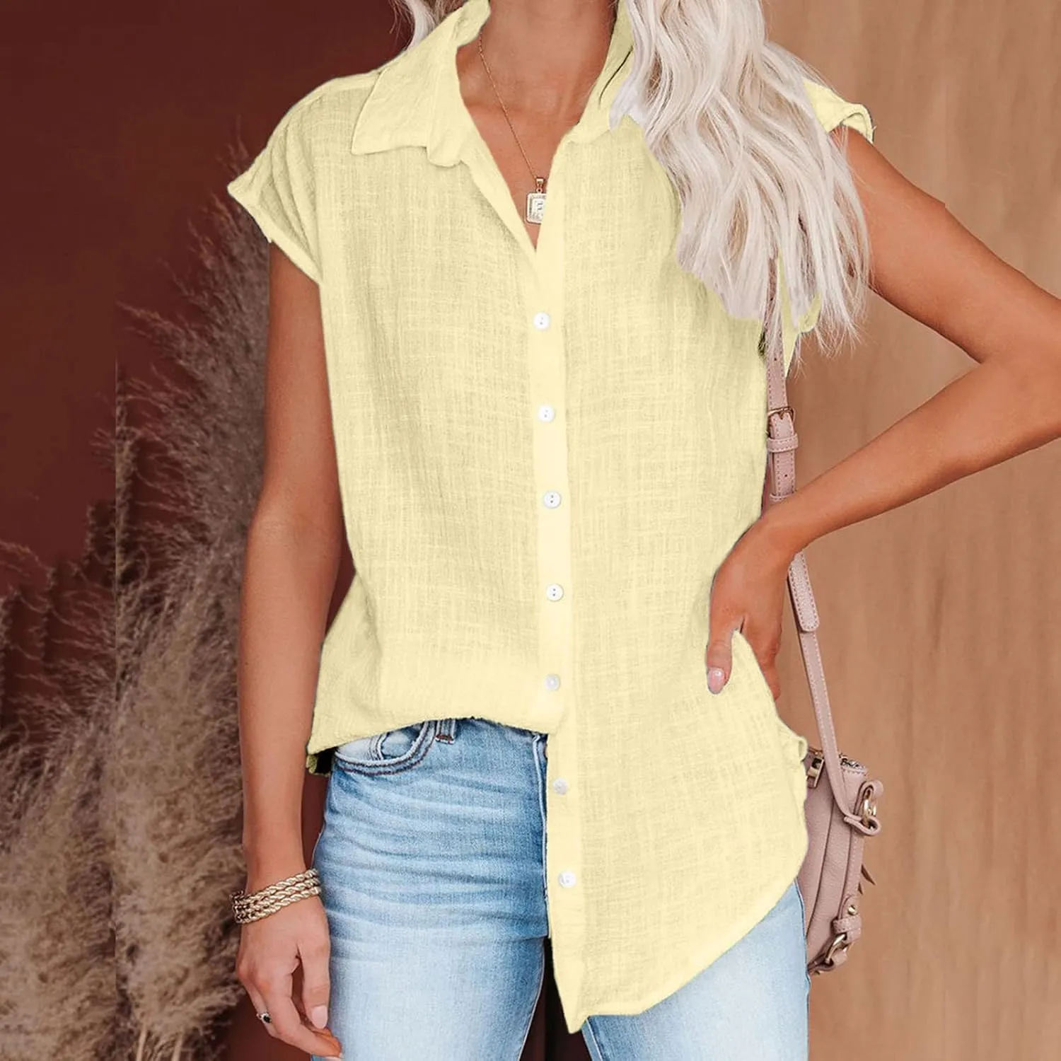 Womens Button Up Shirt V Neck Long Sleeve Linen Summer Casual Office Blouses Top Loose T-Shirt