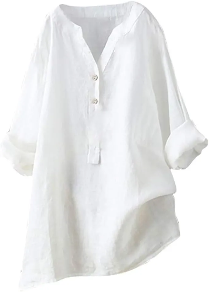 Womens Button Up Shirt V Neck Long Sleeve Linen Summer Casual Office Blouses Top Loose T-Shirt