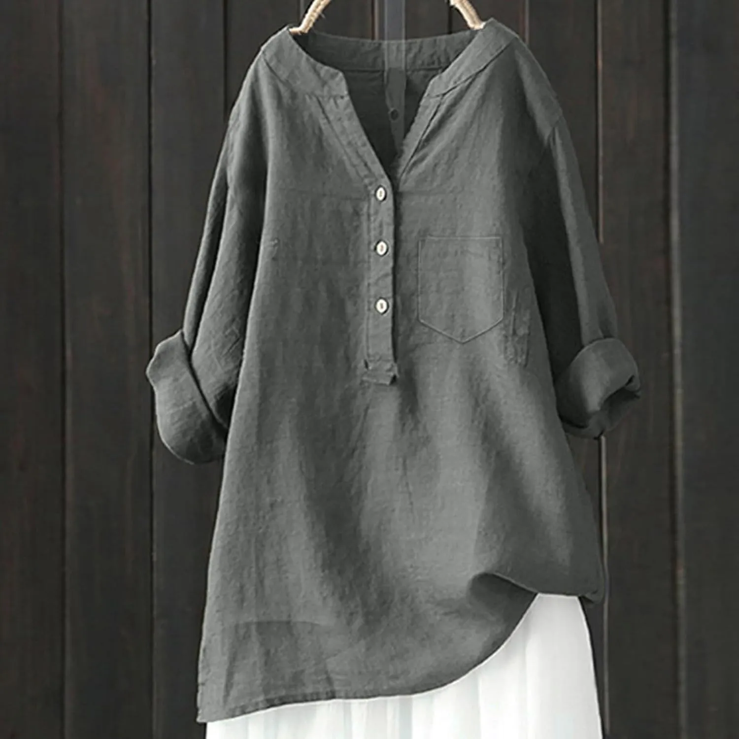 Womens Button Up Shirt V Neck Long Sleeve Linen Summer Casual Office Blouses Top Loose T-Shirt