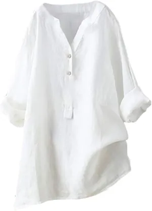 Womens Button Up Shirt V Neck Long Sleeve Linen Summer Casual Office Blouses Top Loose T-Shirt