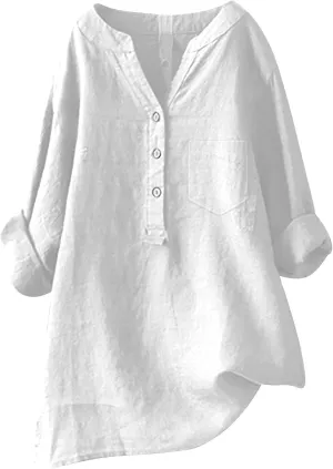 Womens Button Up Shirt V Neck Long Sleeve Linen Summer Casual Office Blouses Top Loose T-Shirt